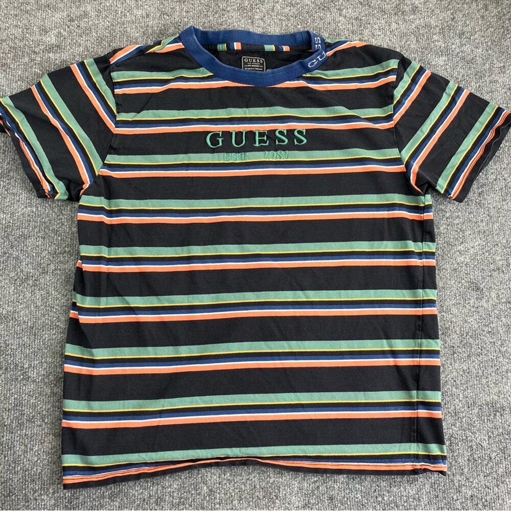 Guess Men’s Multi-Colored Stripe Tee Shirt embroidered size M